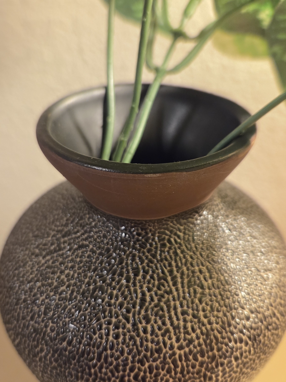 Decorative Brown Textured Ceramic Vase with Green Faux Foliage - Home Accents